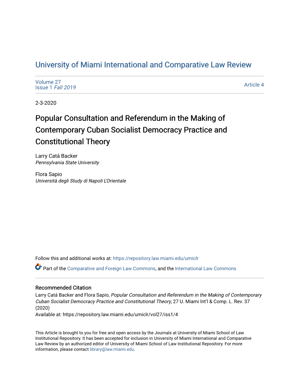 Popular Consultation and Referendum in the Making of Contemporary Cuban Socialist Democracy Practice and Constitutional Theory