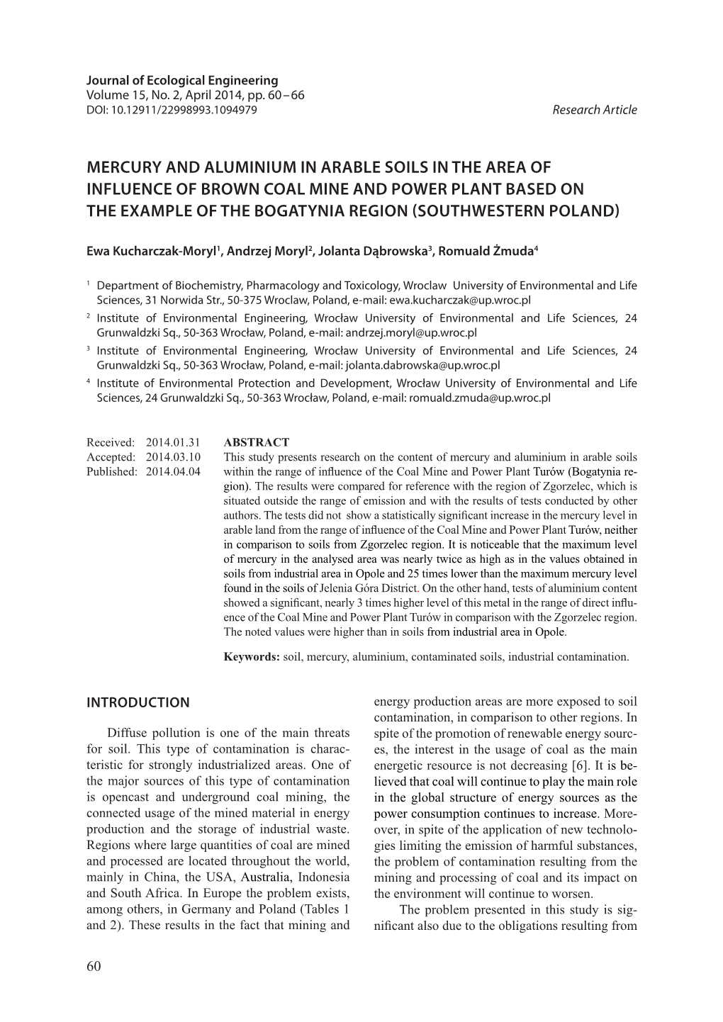 Mercury and Aluminium in Arable Soils in the Area of Influence of Brown Coal Mine and Power Plant Based on the Example of the Bogatynia Region (Southwestern Poland)