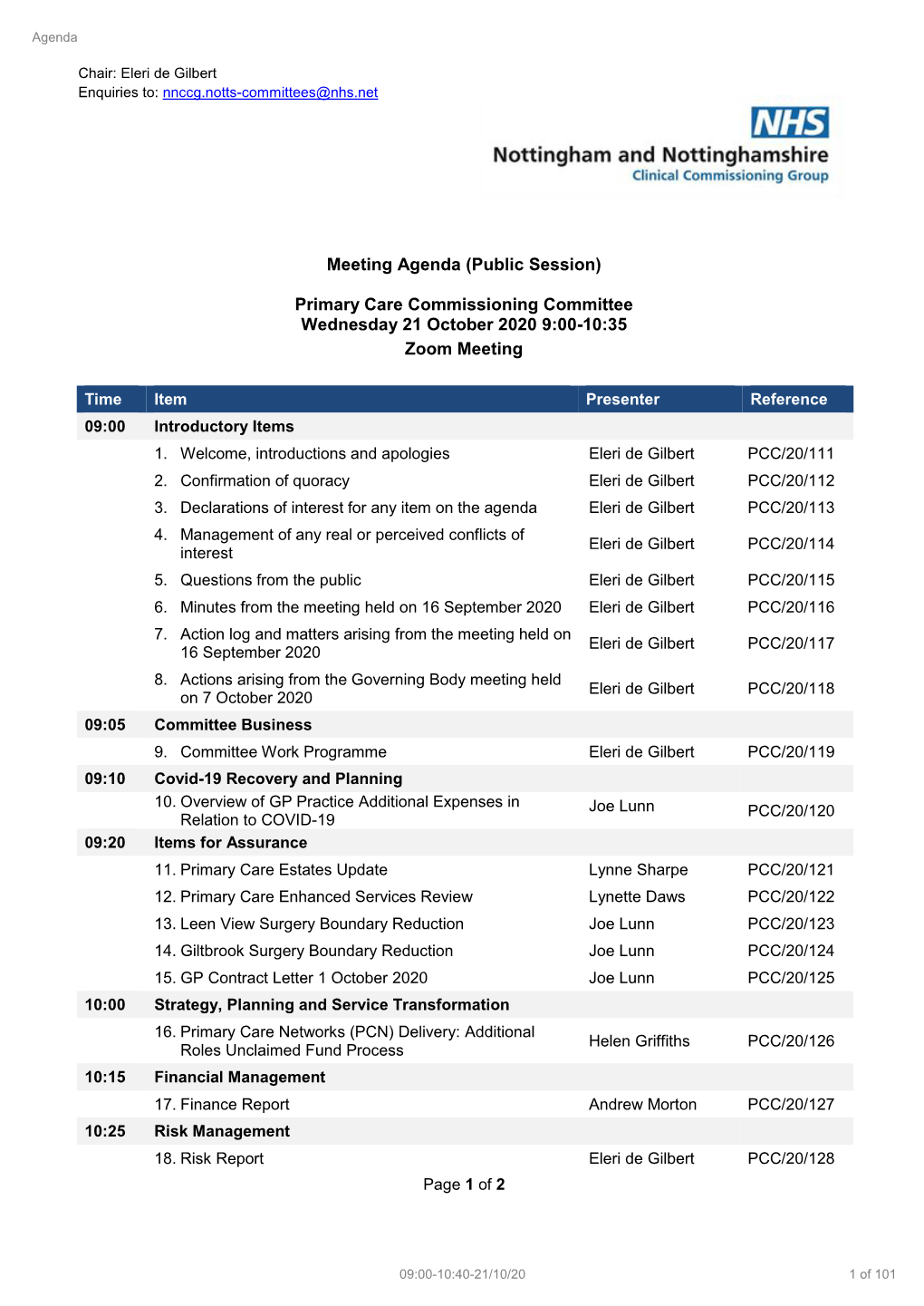 Meeting Agenda (Public Session) Primary Care Commissioning