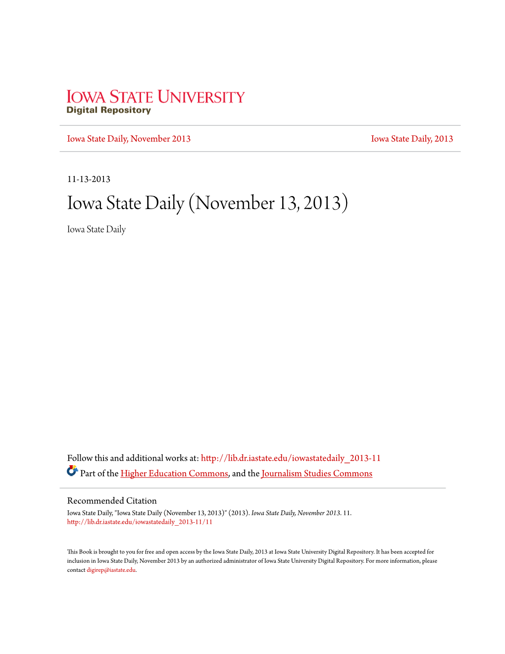 Iowa State Daily (November 13, 2013) Iowa State Daily