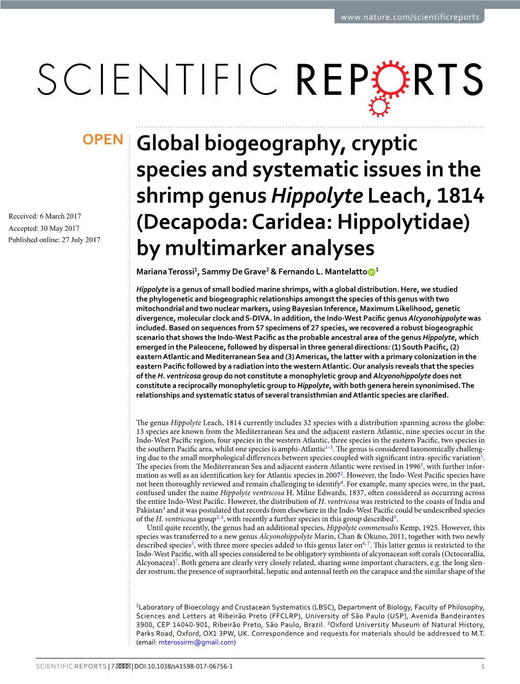 (Decapoda: Caridea: Hippolytidae) by Multimarker Analyses