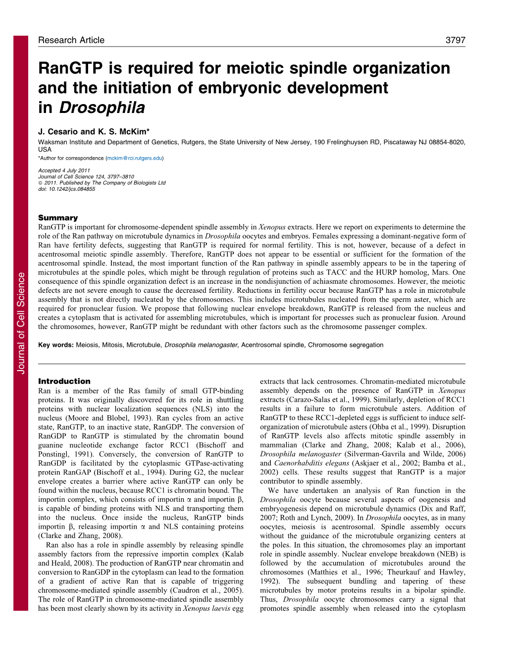 Rangtp Is Required for Meiotic Spindle Organization and the Initiation of Embryonic Development in Drosophila