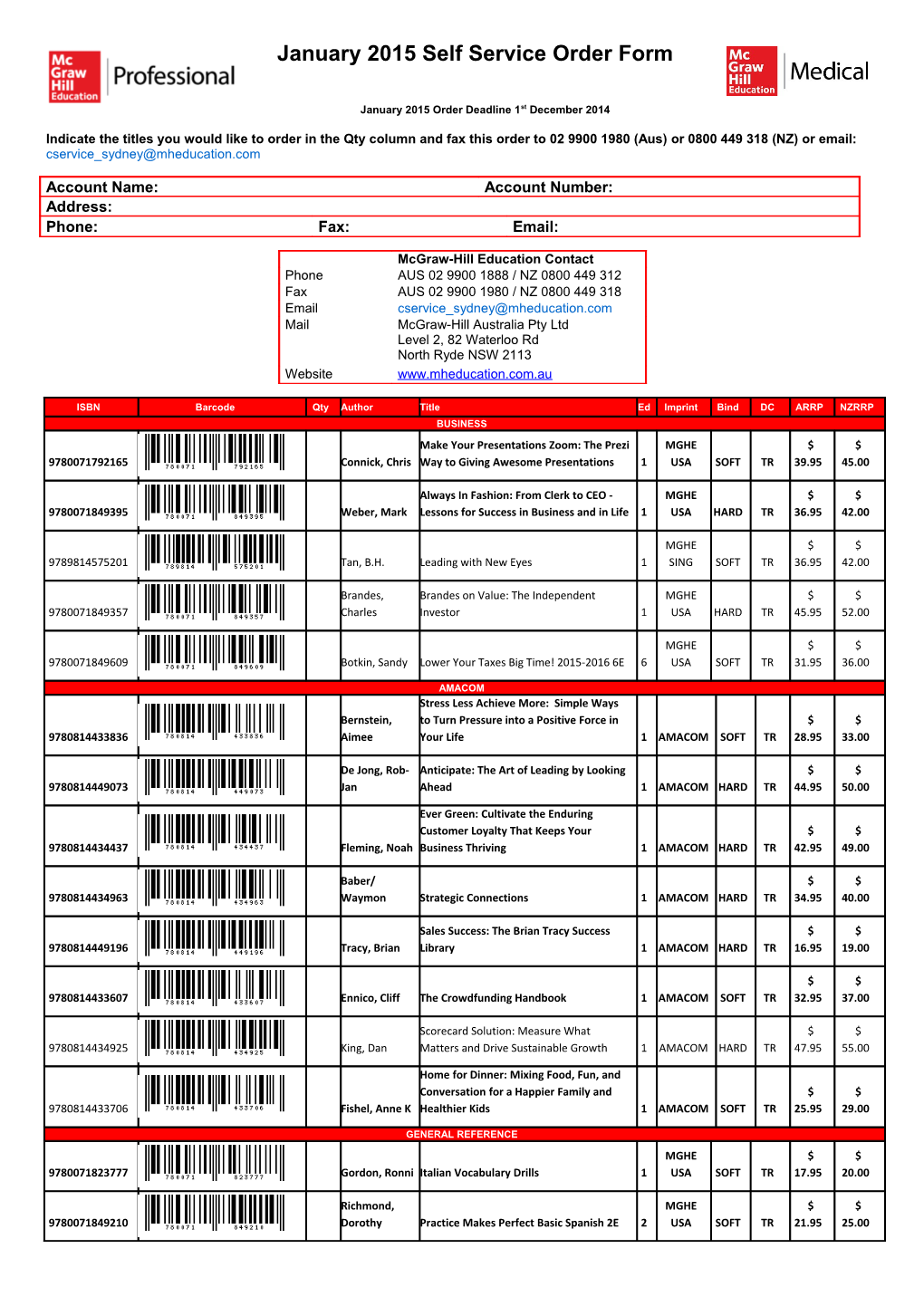 Indicate the Titles You Would Like to Order in the Qty Column and Fax This Order to 02