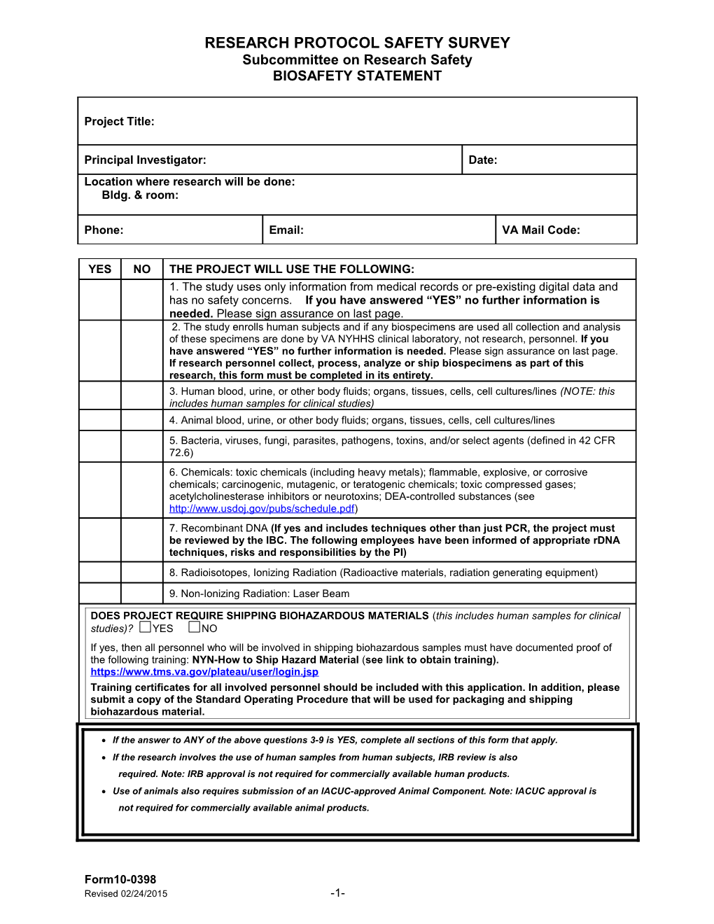 Research Protocol Safety Survey