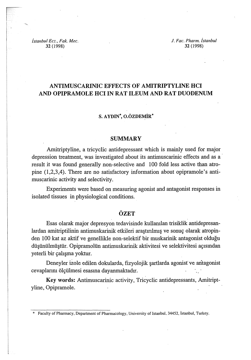 Antimuscarinic Effects of Amitriptyline Hci and Opipramole Hci in Rat Ileum and Rat Duodenum