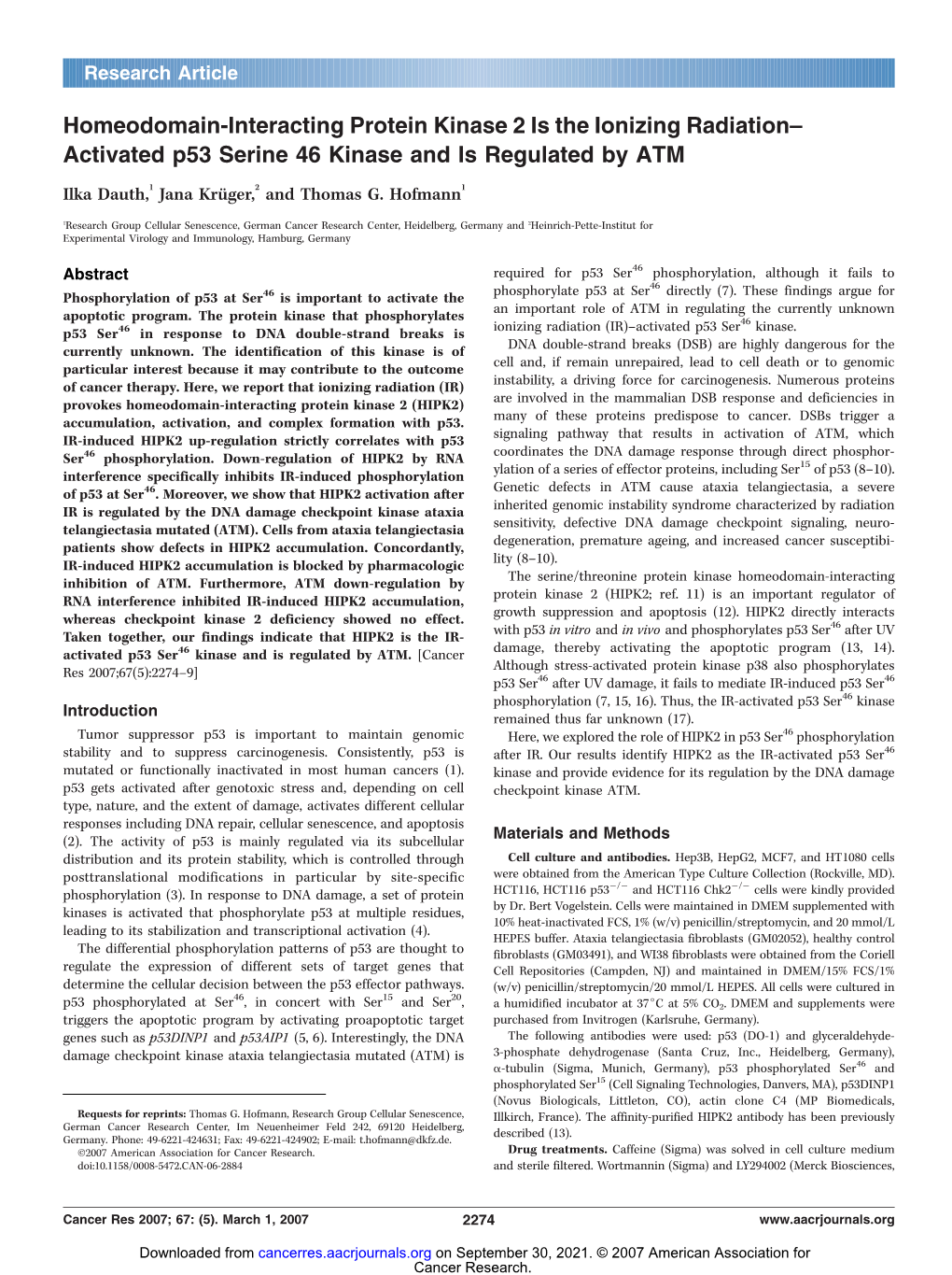 Activated P53 Serine 46 Kinase and Is Regulated by ATM