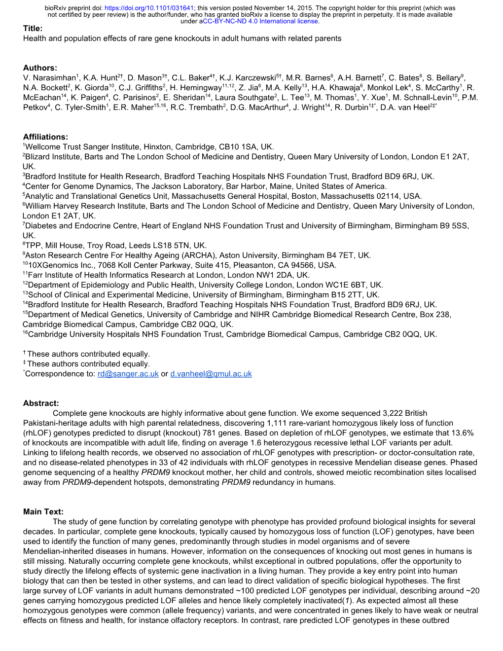 Health and Population Effects of Rare Gene Knockouts in Adult Humans with Related Parents