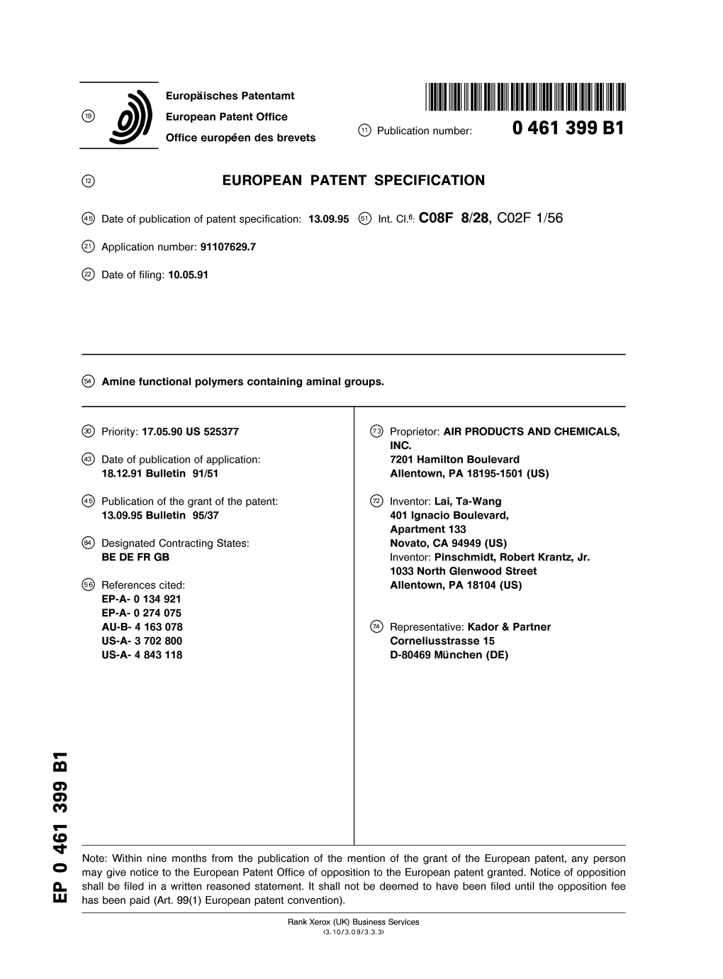 Amine Functional Polymers Containing Aminal Groups