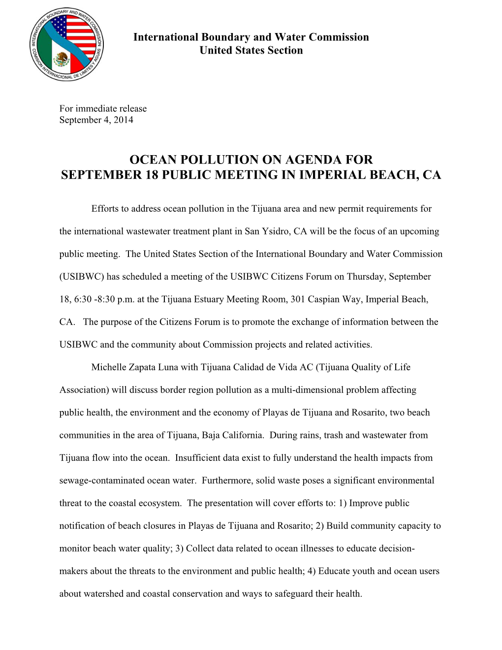Ocean Pollution on Agenda for September 18 Public Meeting in Imperial Beach, Ca