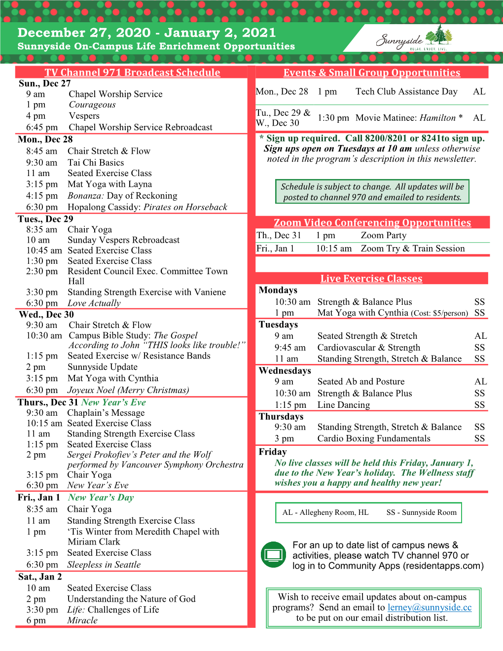 December 27, 2020 - January 2, 2021 Sunnyside On-Campus Life Enrichment Opportunities