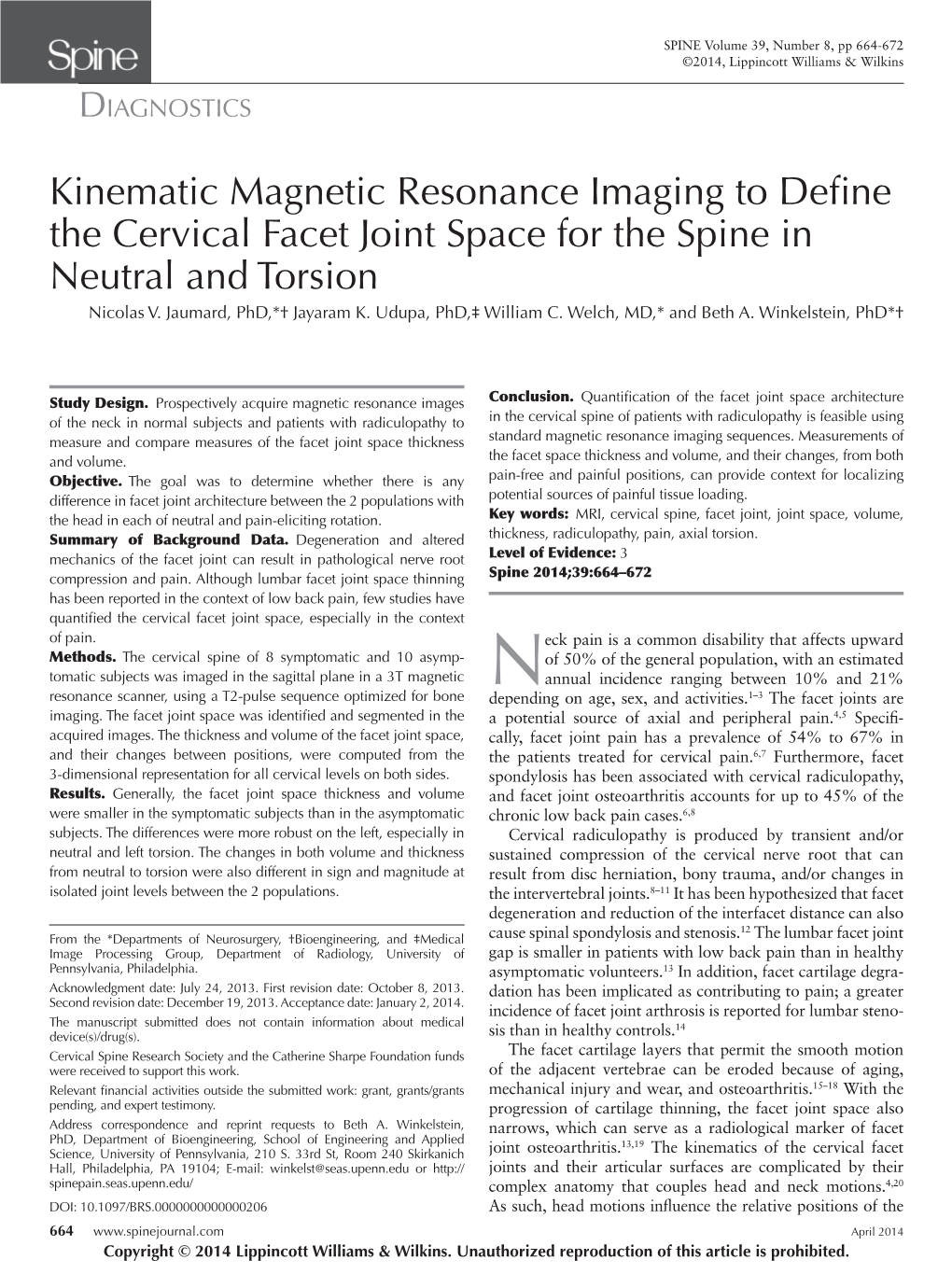 Kinematic Magnetic Resonance Imaging to Define the Cervical Facet Joint Space for the Spine in Neutral and Torsion