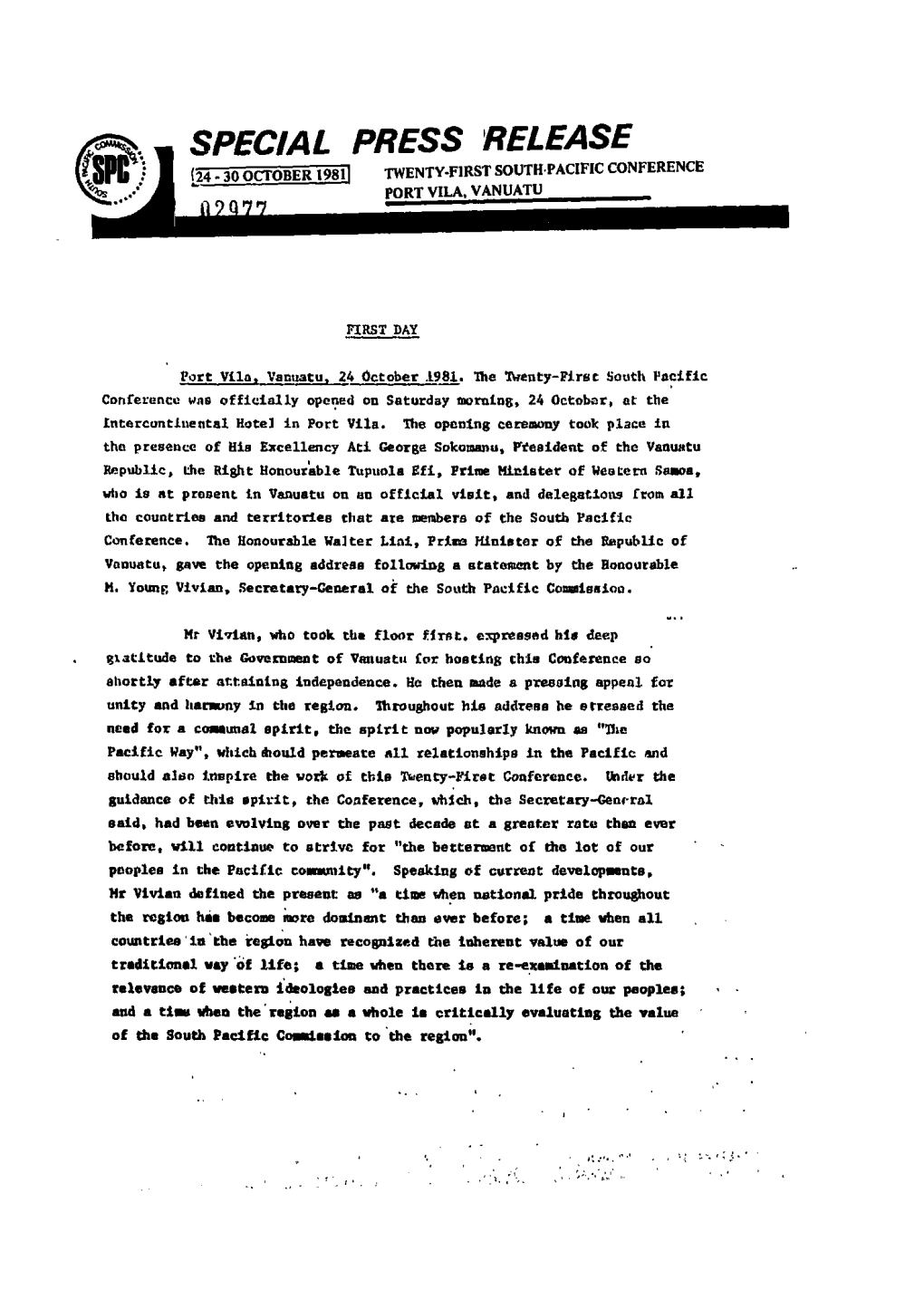 Special Press Release [24 - 30 October 1981| Twenty-First South Pacific Conference Port Vila