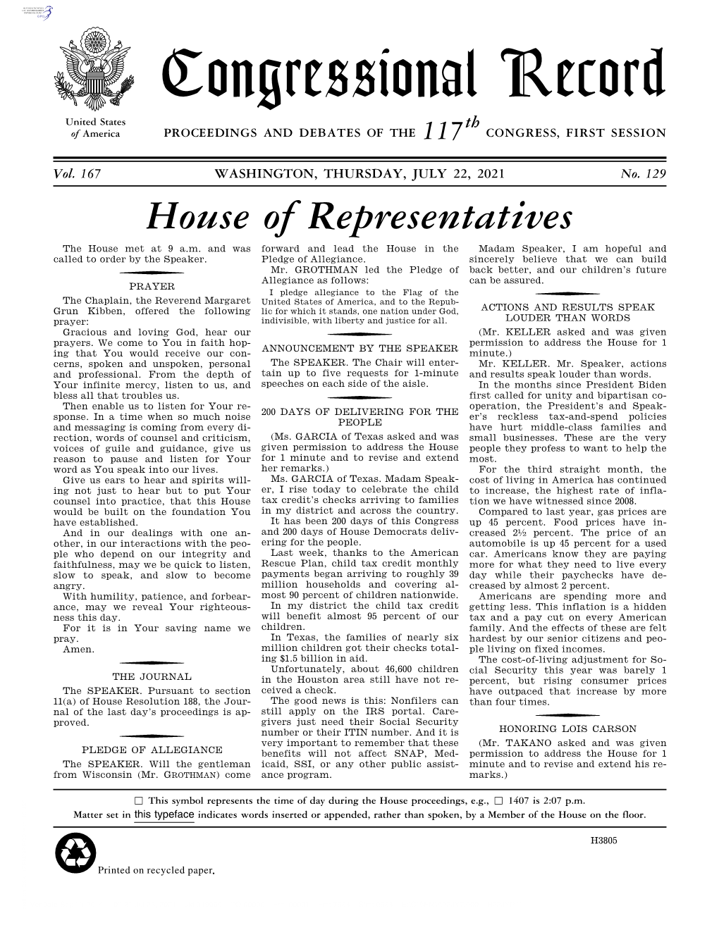 Congressional Record United States Th of America PROCEEDINGS and DEBATES of the 117 CONGRESS, FIRST SESSION