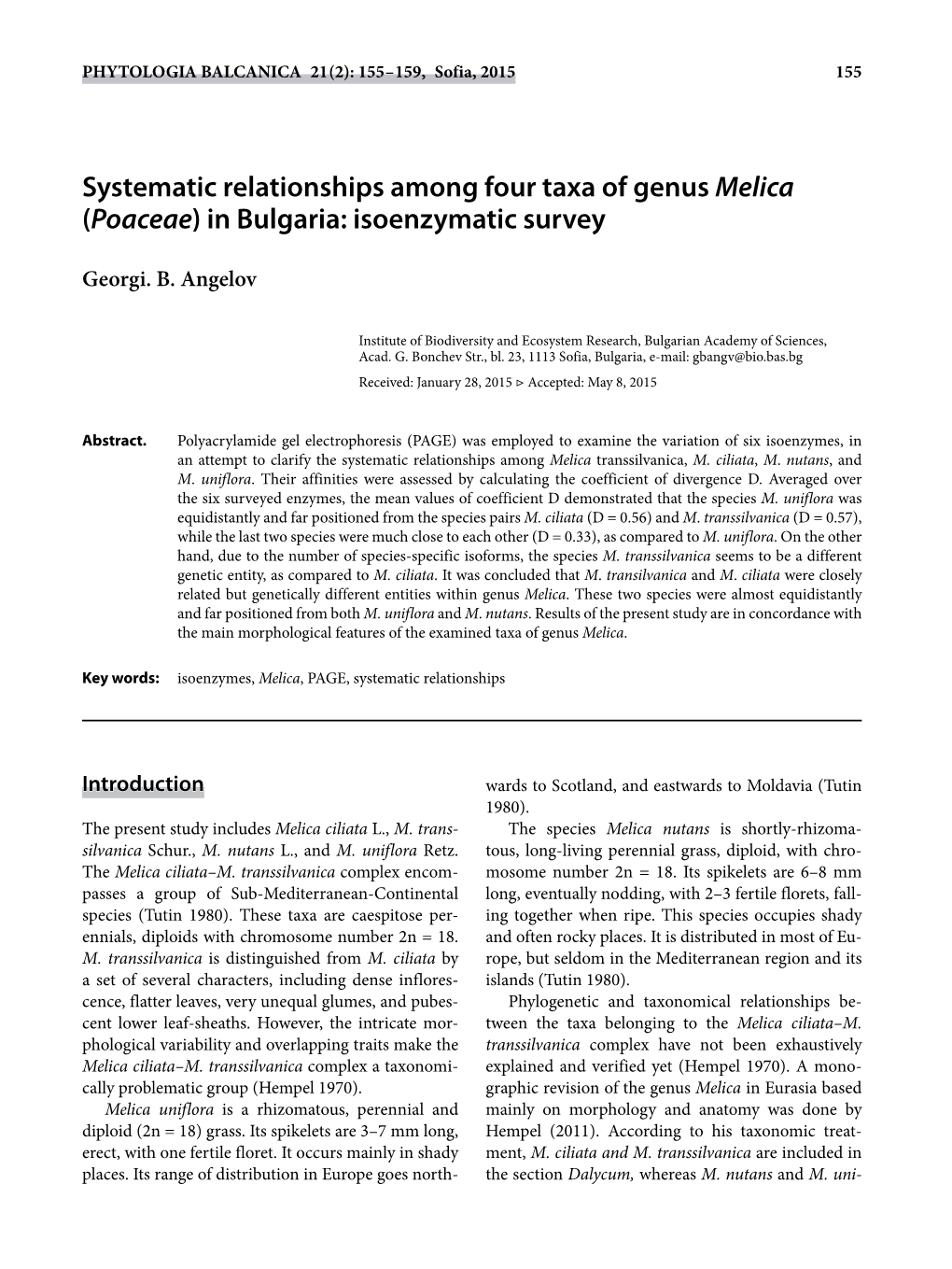 Systematic Relationships Among Four Taxa of Genus Melica (Poaceae) in Bulgaria: Isoenzymatic Survey