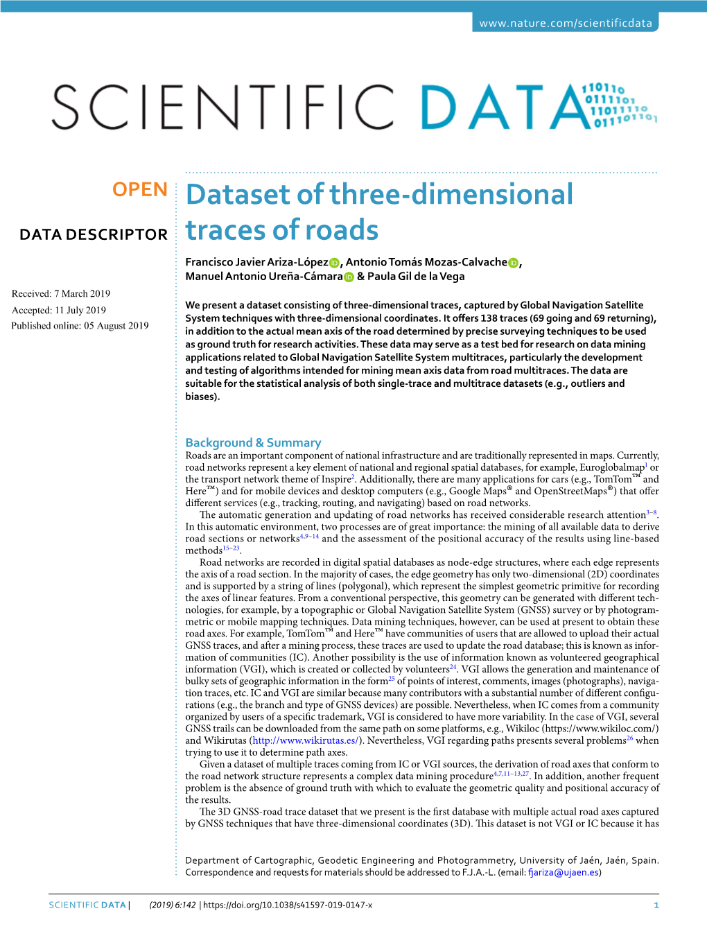 Dataset of Three-Dimensional Traces of Roads