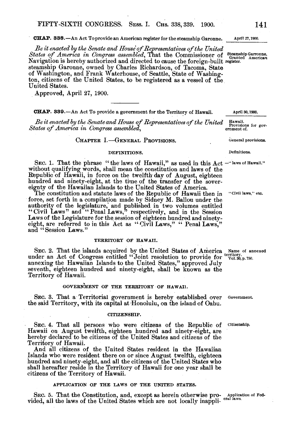 Organic Act for the Territory of Hawaii