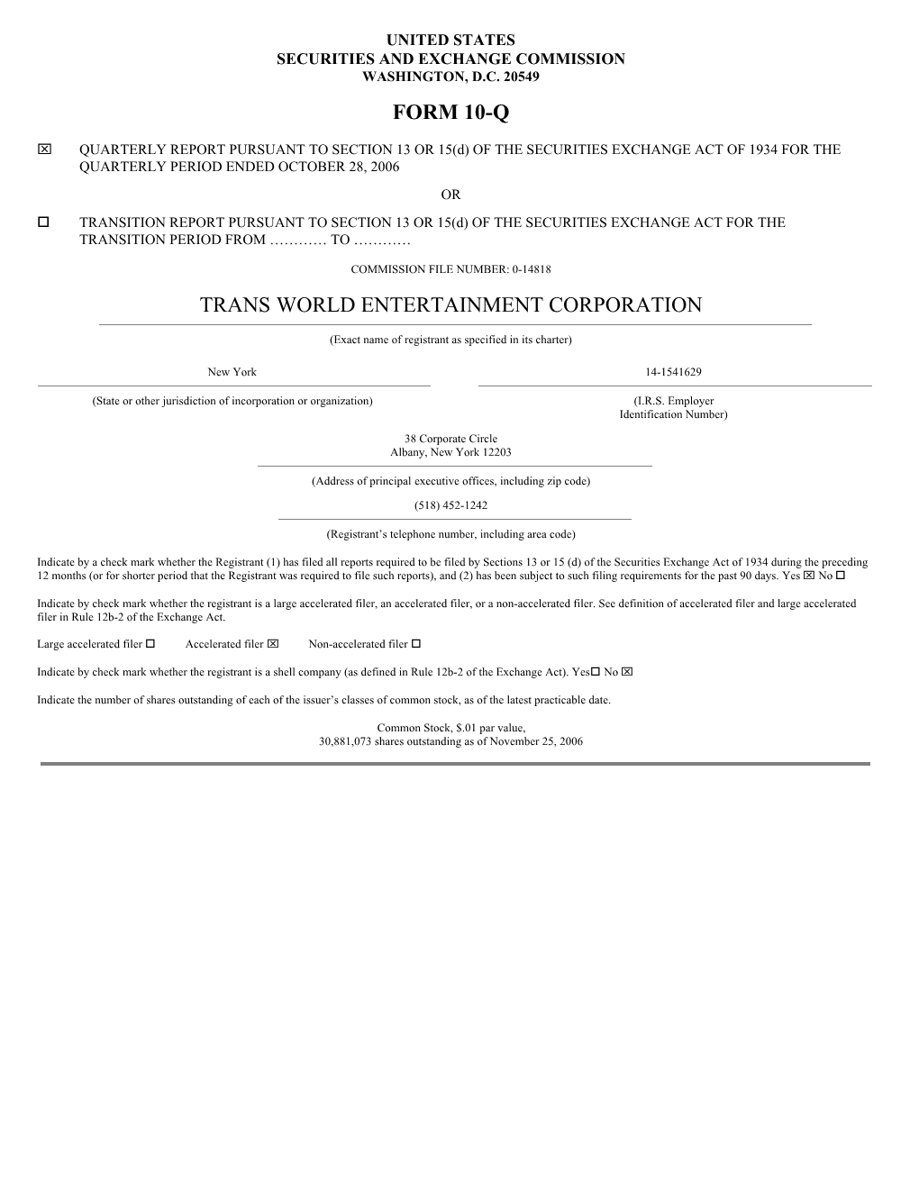 Form 10-Q Trans World Entertainment