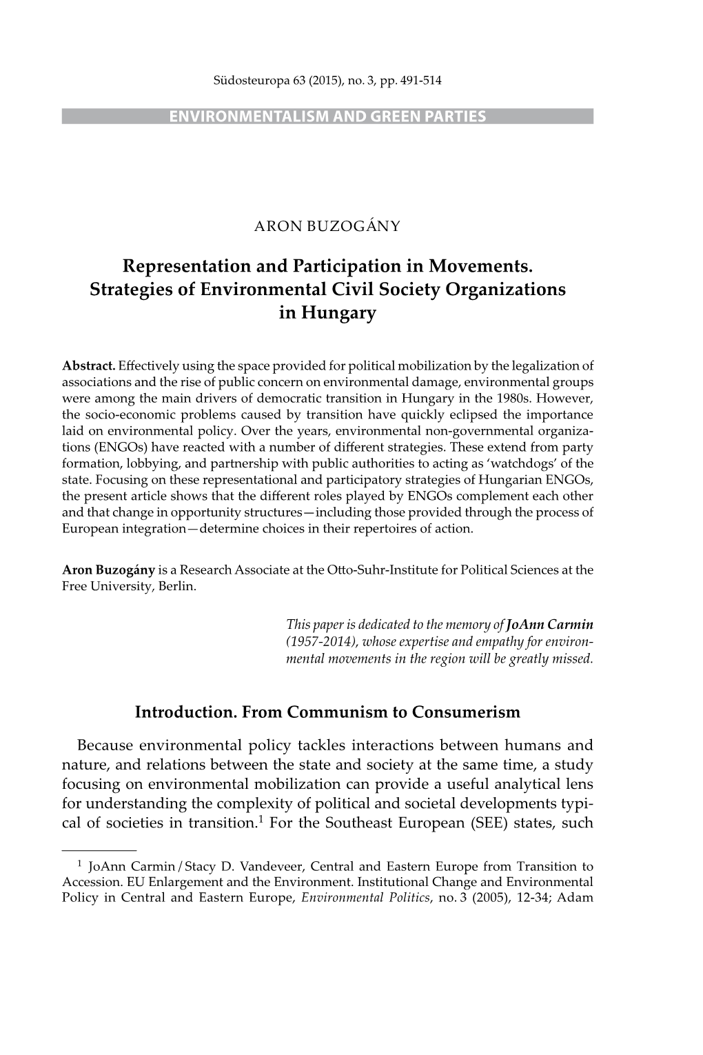 Representation and Participation in Movements. Strategies of Environmental Civil Society Organizations in Hungary