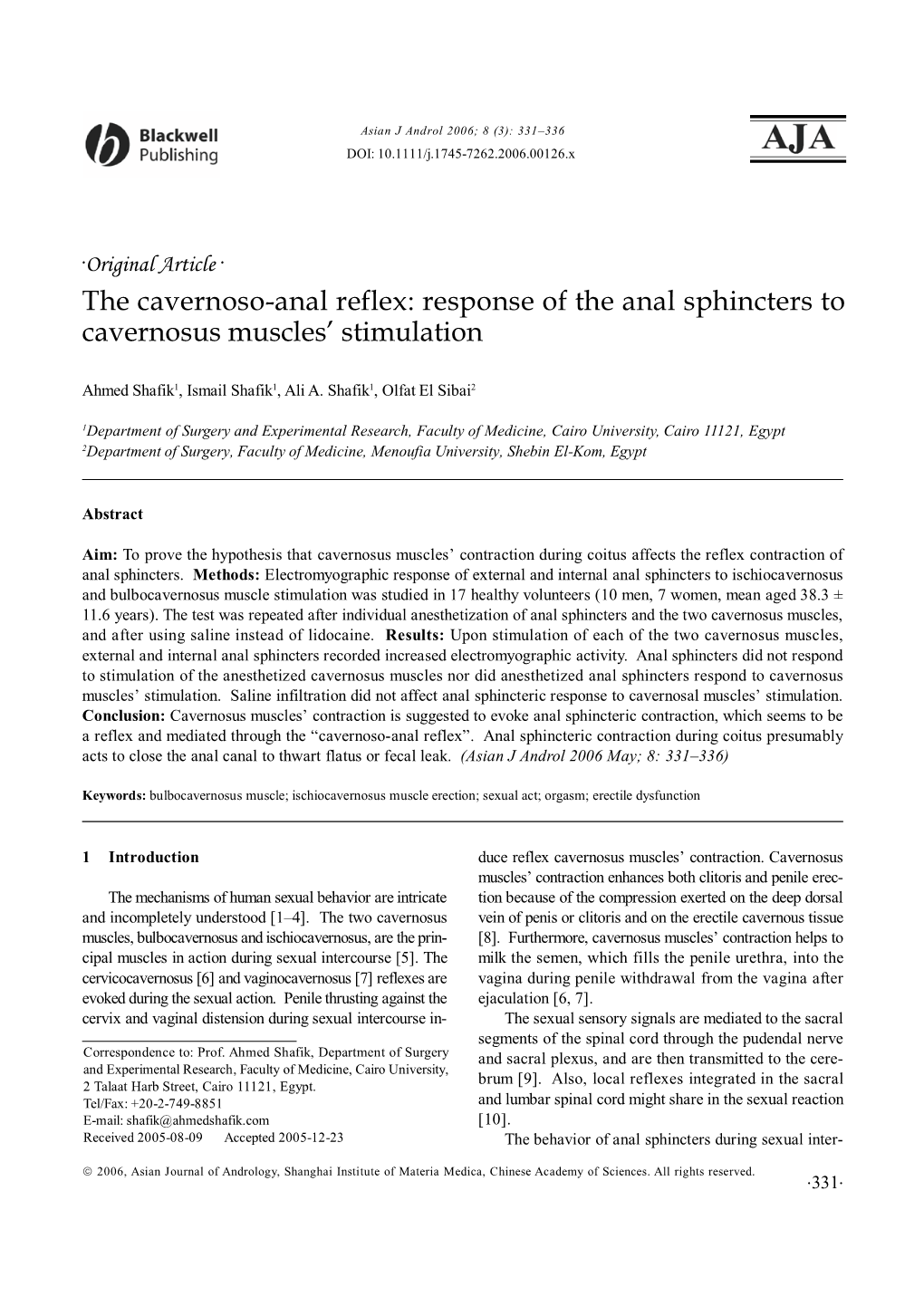 The Cavernoso-Anal Reflex: Response of the Anal Sphincters to Cavernosus Muscles' Stimulation