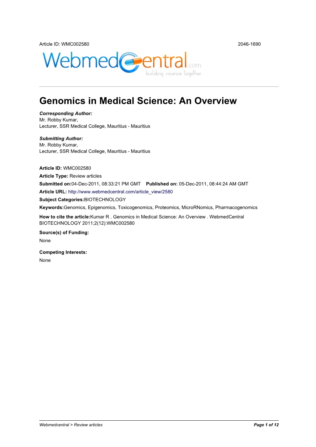 Genomics in Medical Science: an Overview