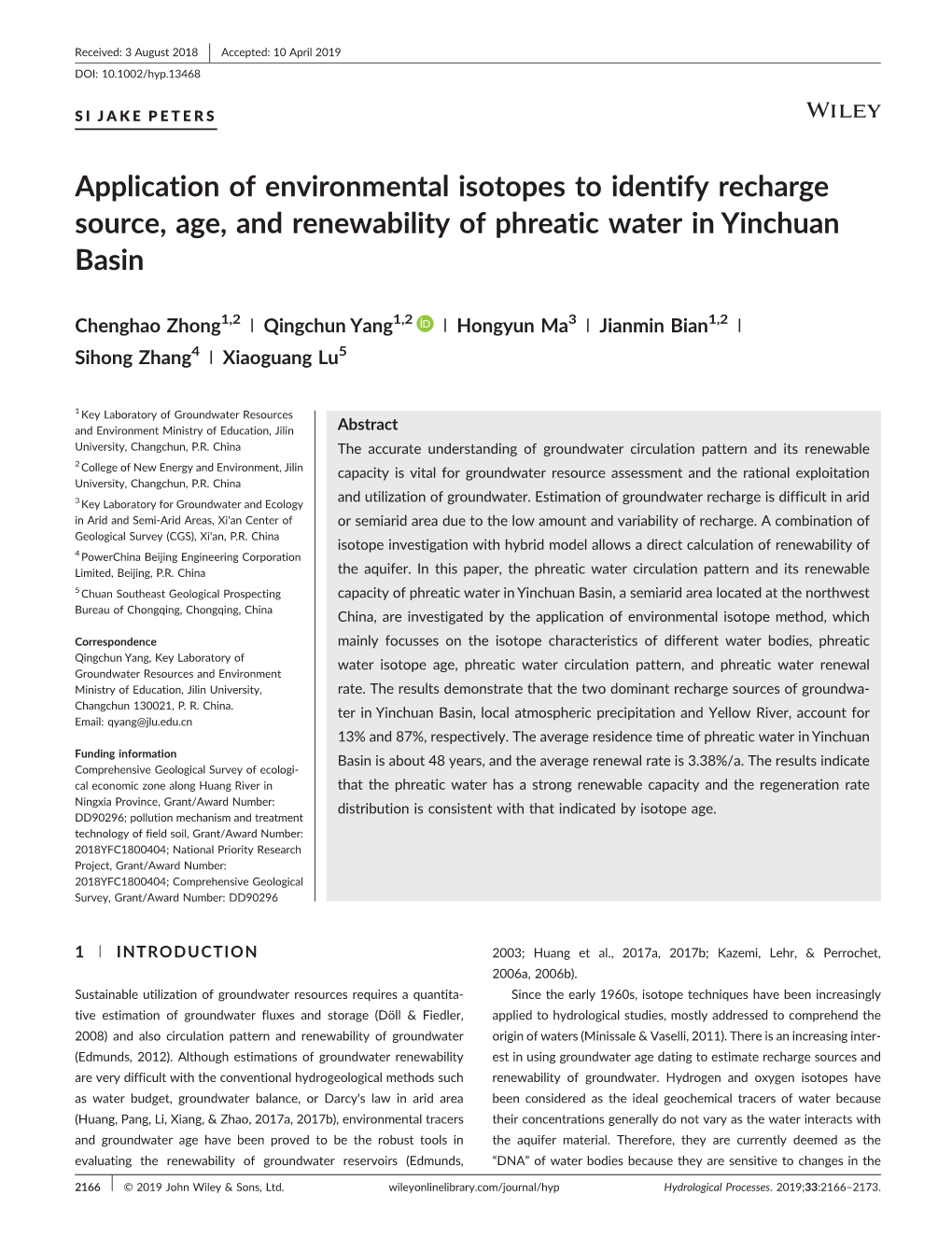 Application of Environmental Isotopes to Identify Recharge Source, Age, and Renewability of Phreatic Water in Yinchuan Basin