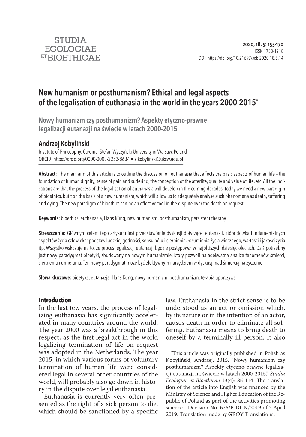 Ethical and Legal Aspects of the Legalisation of Euthanasia in the World in the Years 2000-2015*