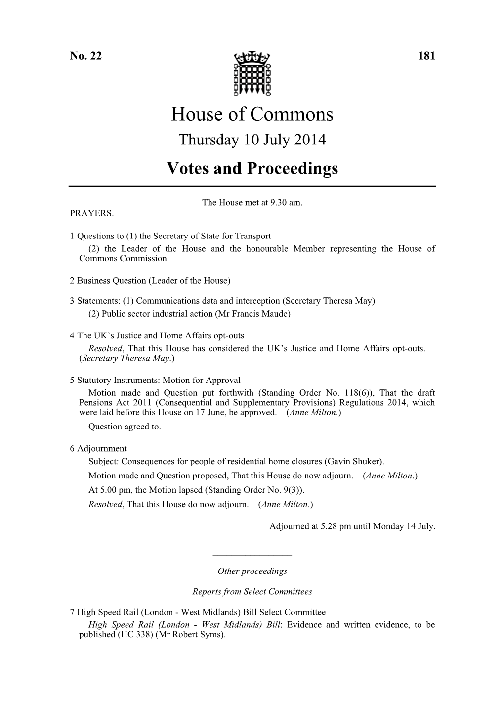 House of Commons Thursday 10 July 2014 Votes and Proceedings