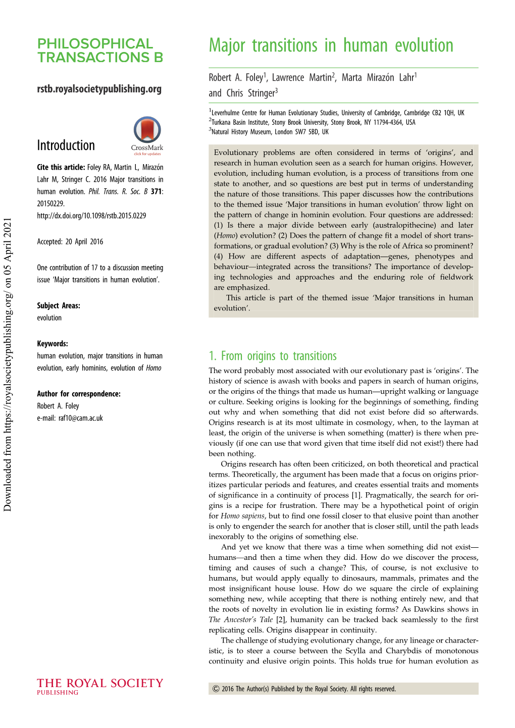 Major Transitions in Human Evolution