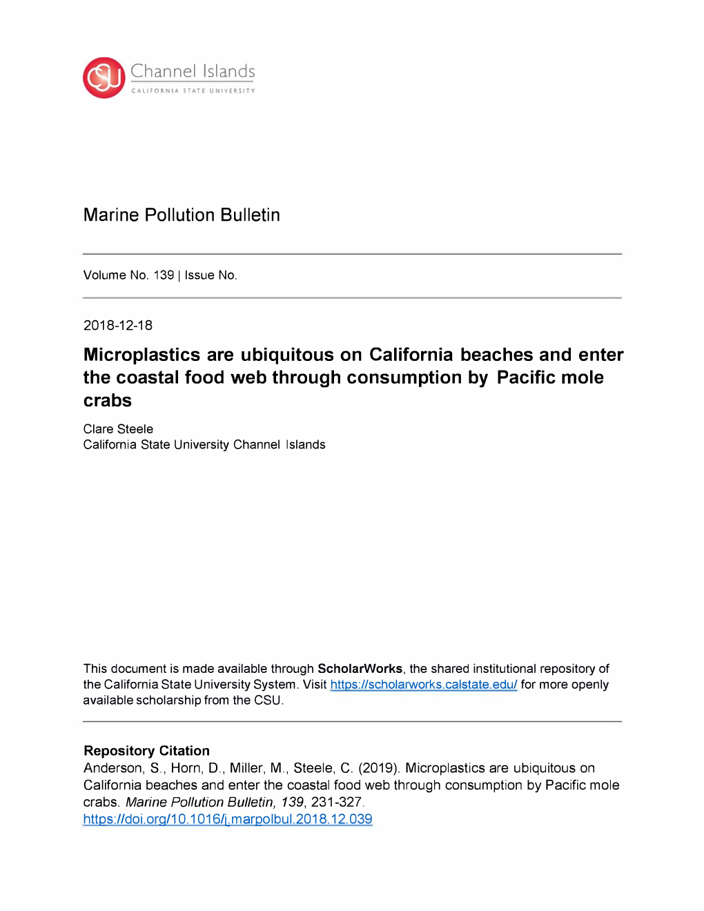 Microplastics Are Ubiquitous on California Beaches and Enter the Coastal Food Web Through Consumption by Pacific Mole Crabs