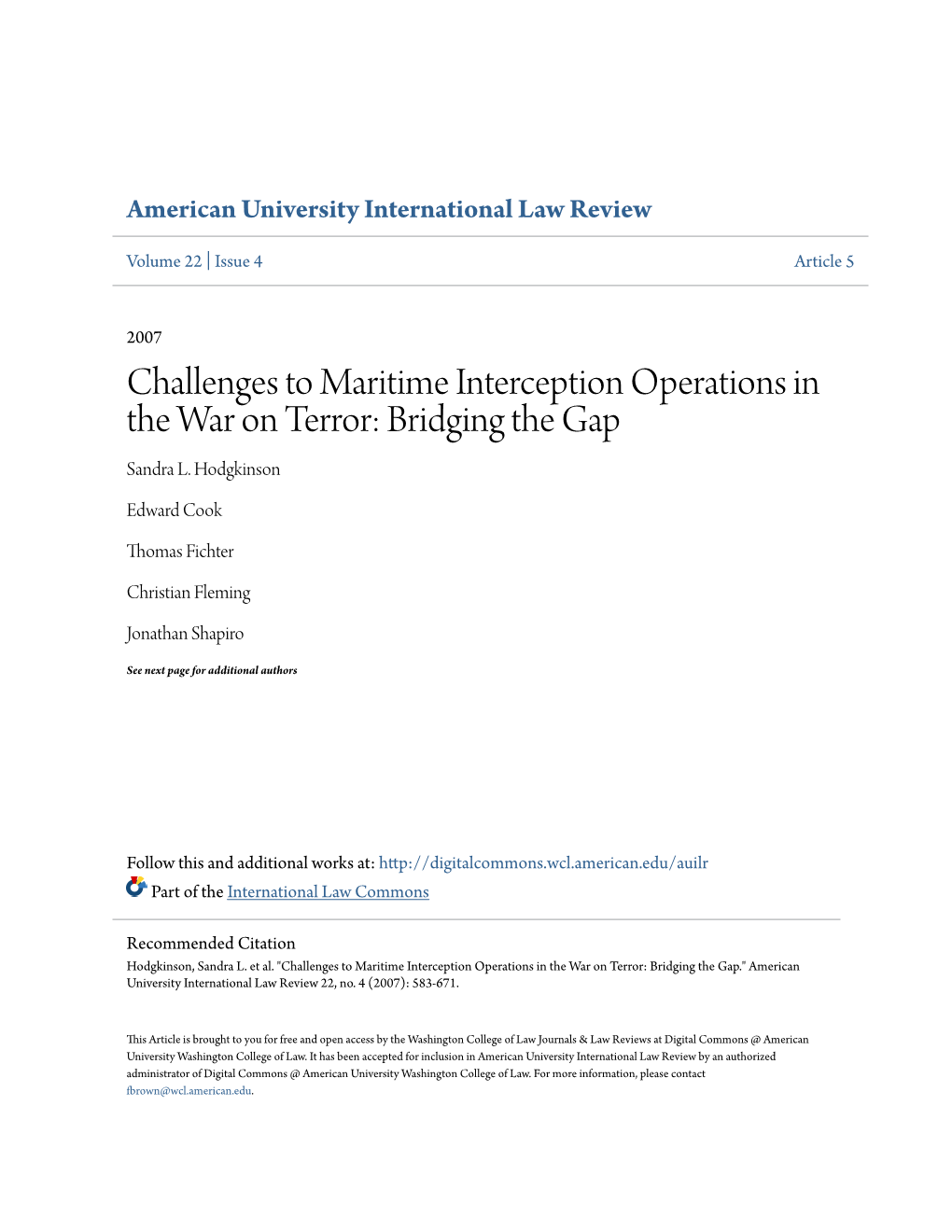 Challenges to Maritime Interception Operations in the War on Terror: Bridging the Gap Sandra L