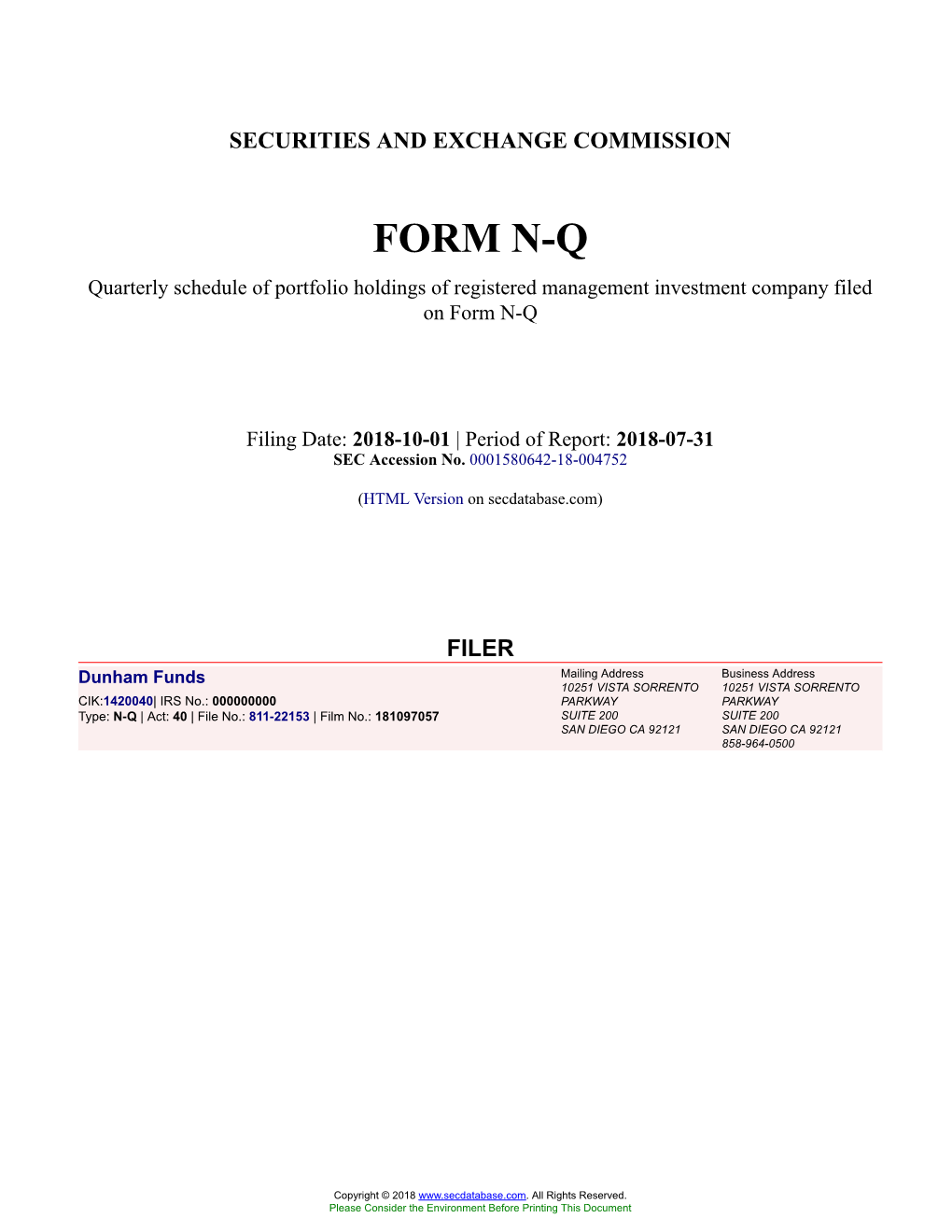 Dunham Funds Form N-Q Filed 2018-10-01