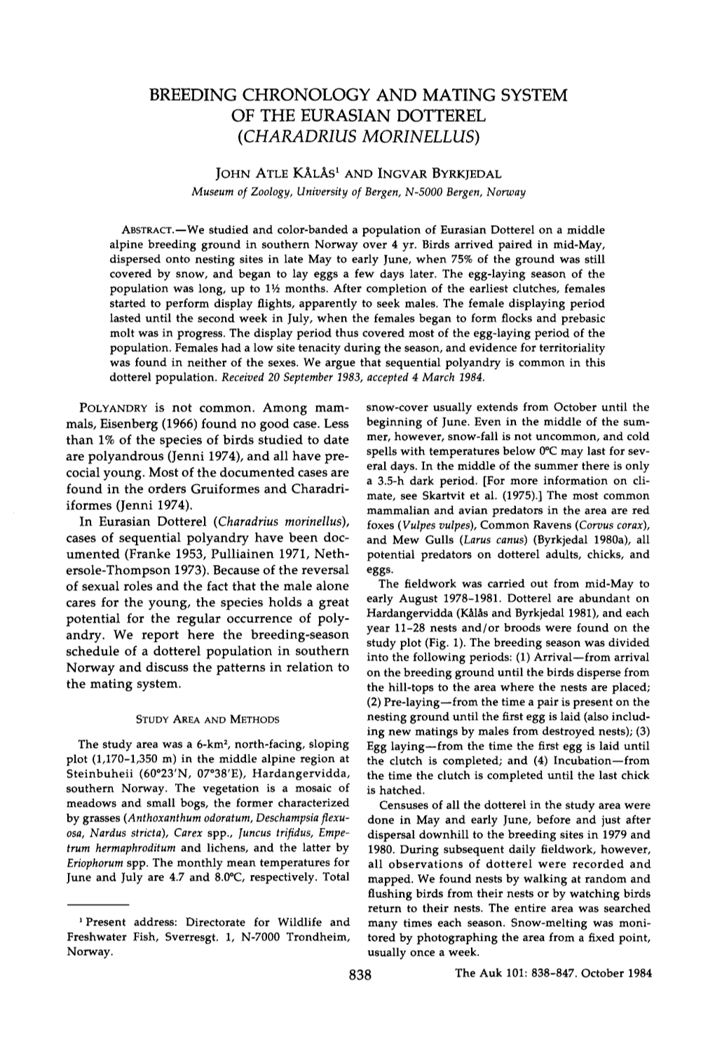 Breeding Chronology and Mating System of the Eurasian Dotterel ( Charadrius Morinellus)