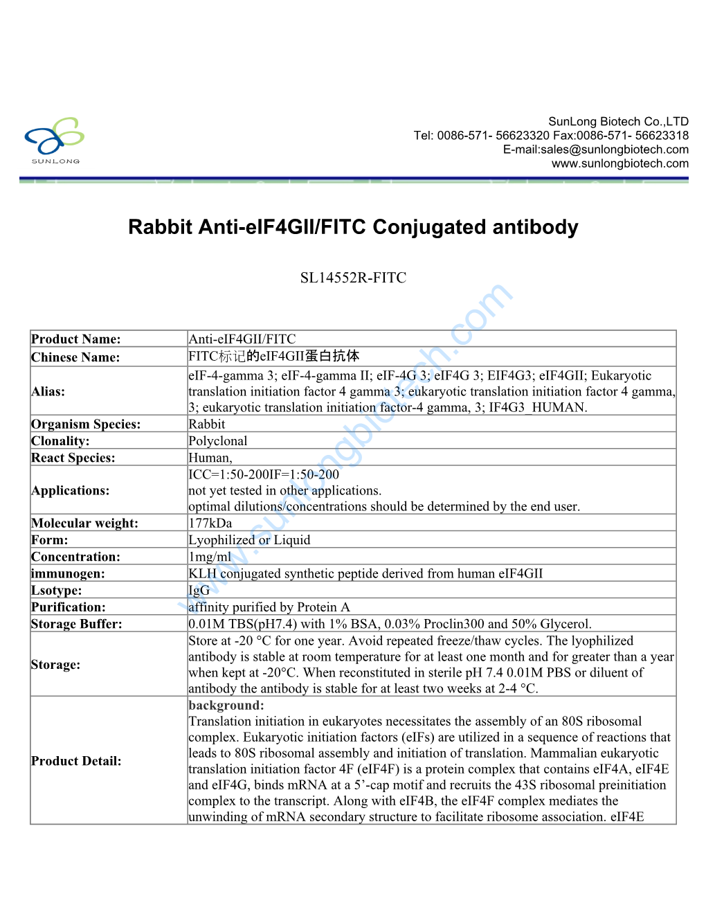 Rabbit Anti-Eif4gii/FITC Conjugated Antibody-SL14552R-FITC