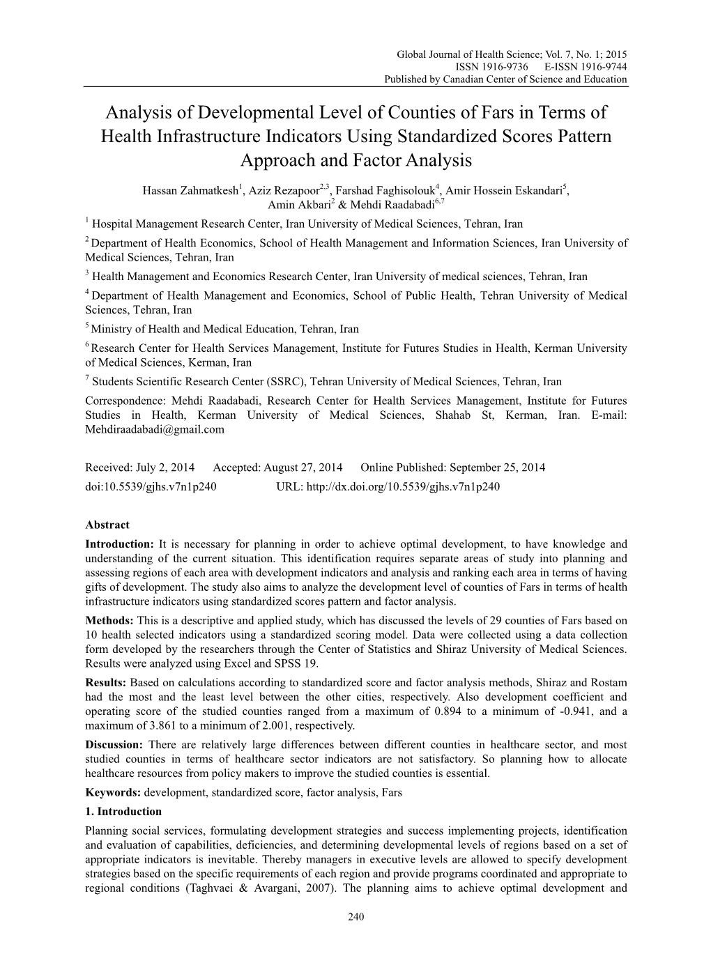 Analysis of Developmental Level of Counties of Fars in Terms of Health Infrastructure Indicators Using Standardized Scores Pattern Approach and Factor Analysis