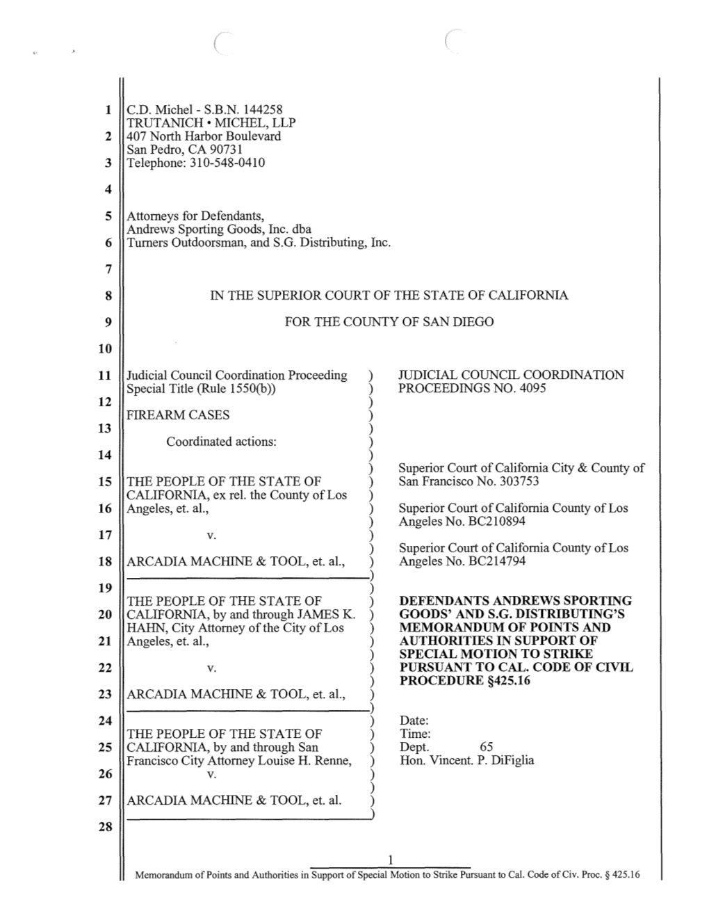 Memorandum of Points and Authorities in Support of Special Motion to Strike Pursuant to Cal