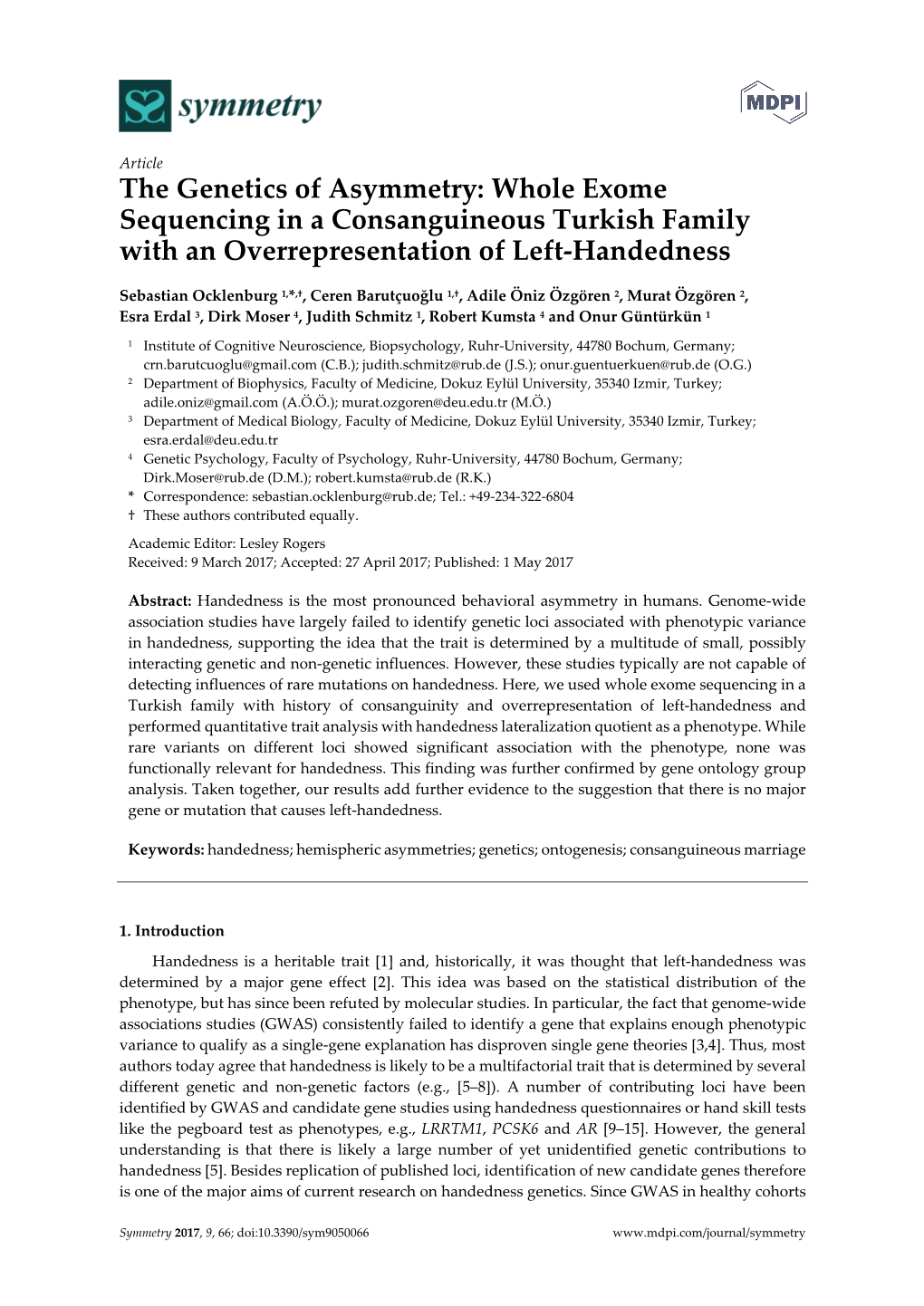 Whole Exome Sequencing in a Consanguineous Turkish Family with an Overrepresentation of Left-Handedness