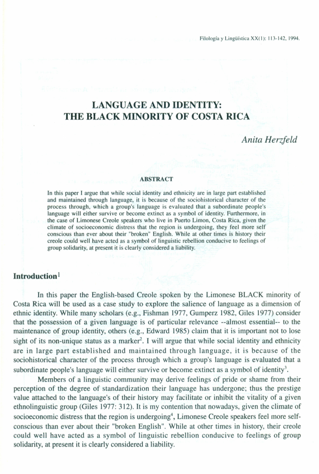 Language and Identity: the Black Minority of Costa Rica