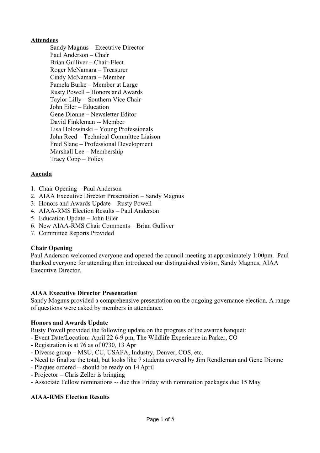 Minutes of the Rocky Mountain Section of AIAA