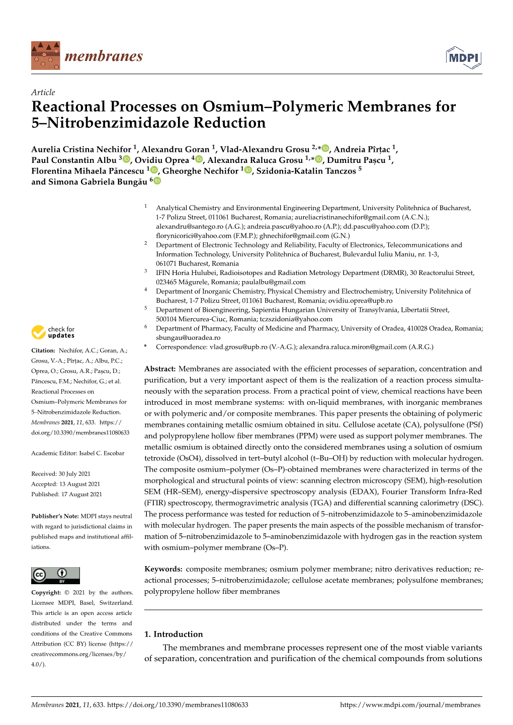 Reactional Processes on Osmium–Polymeric Membranes for 5–Nitrobenzimidazole Reduction