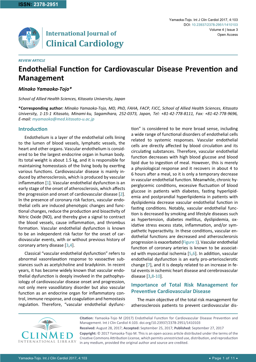 Endothelial Function for Cardiovascular Disease Prevention and Management Minako Yamaoka-Tojo*