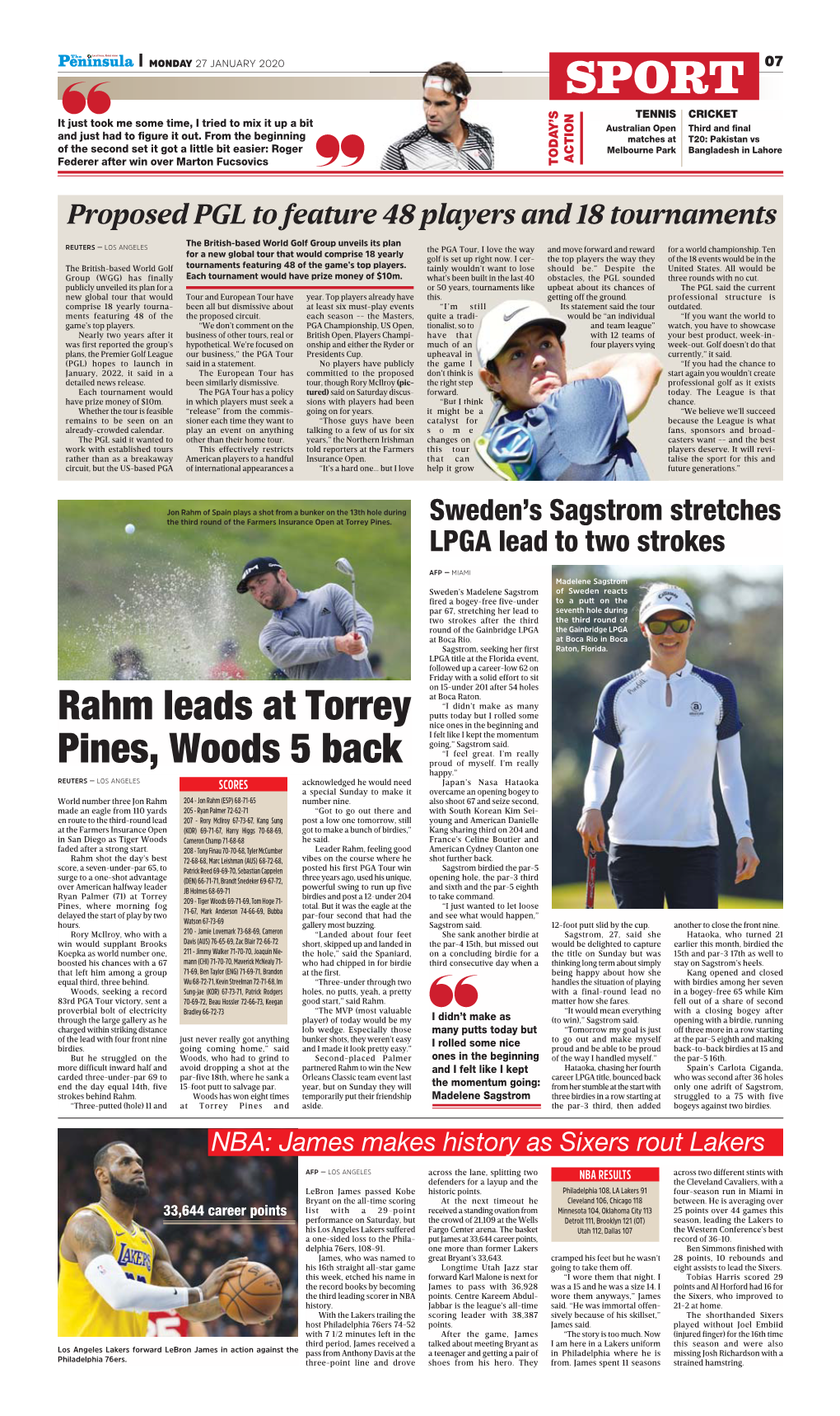 SPORT Rahm Leads at Torrey Pines, Woods 5 Back