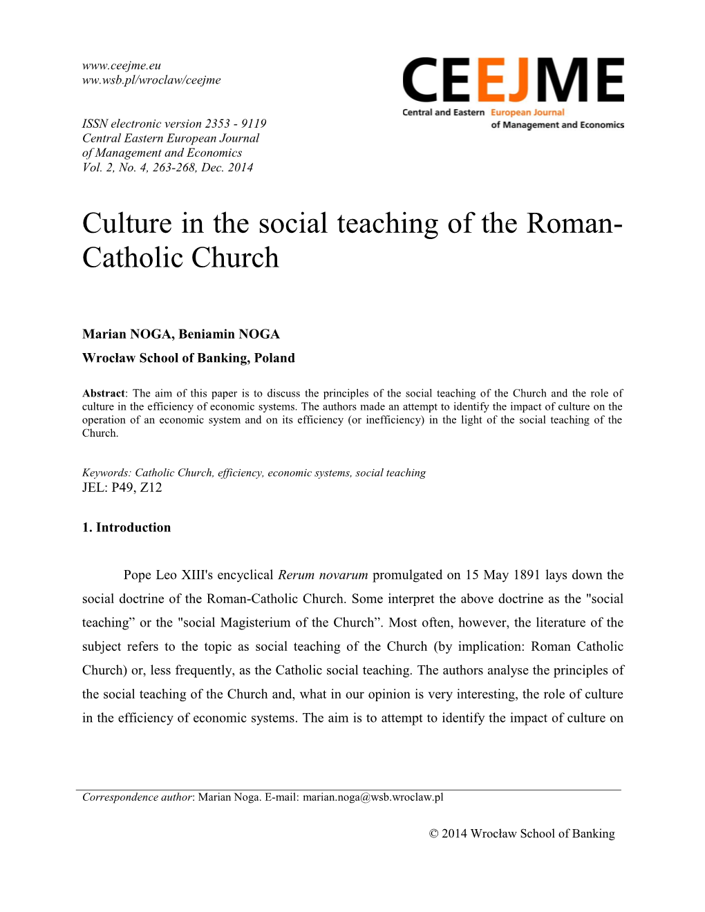 Culture in the Social Teaching of the Roman-Catholic Church