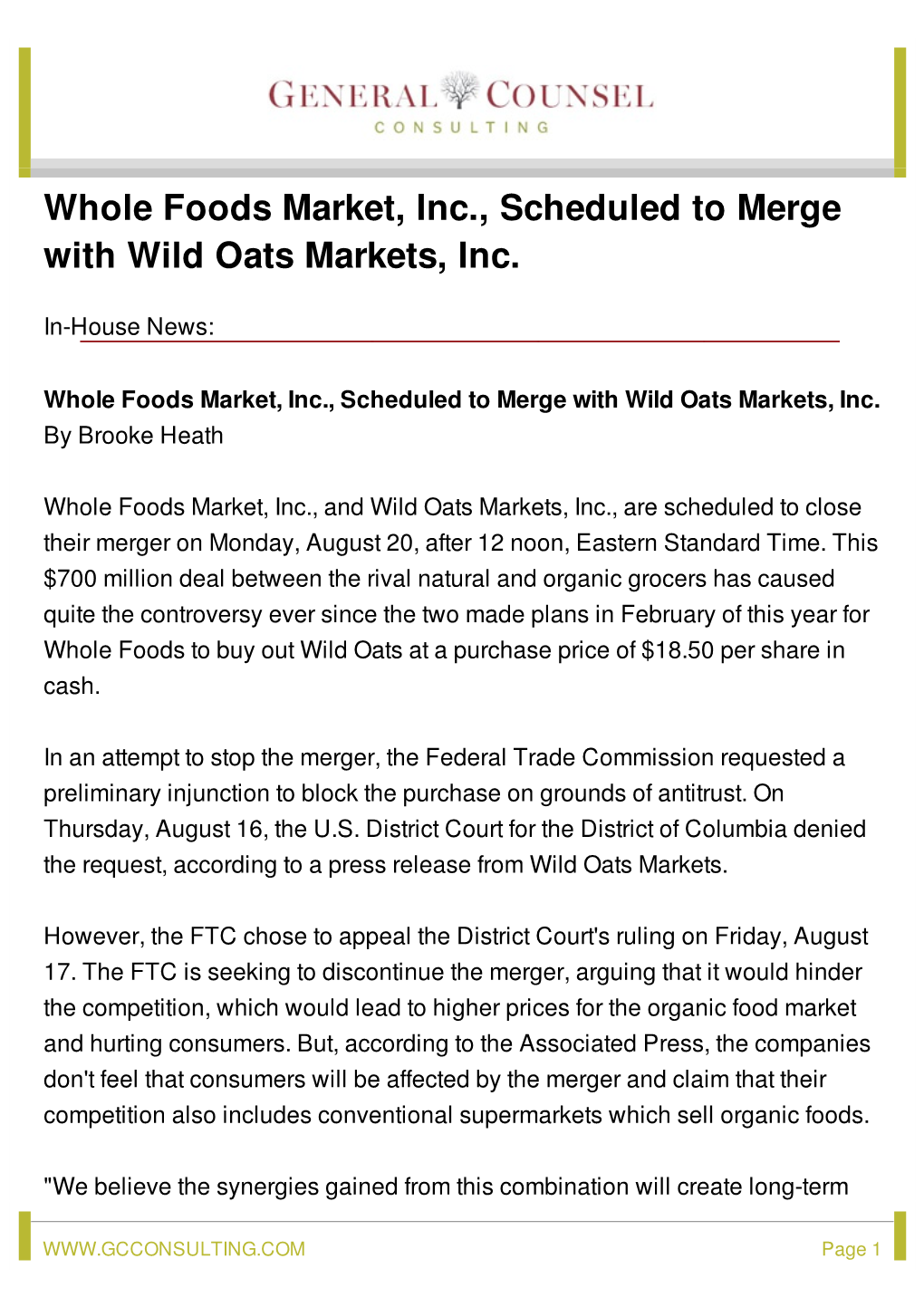 Whole Foods Market, Inc., Scheduled to Merge with Wild Oats Markets, Inc