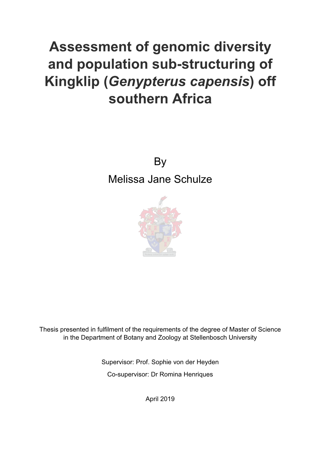 Assessment of Genomic Diversity and Population Sub-Structuring of Kingklip (Genypterus Capensis) Off Southern Africa