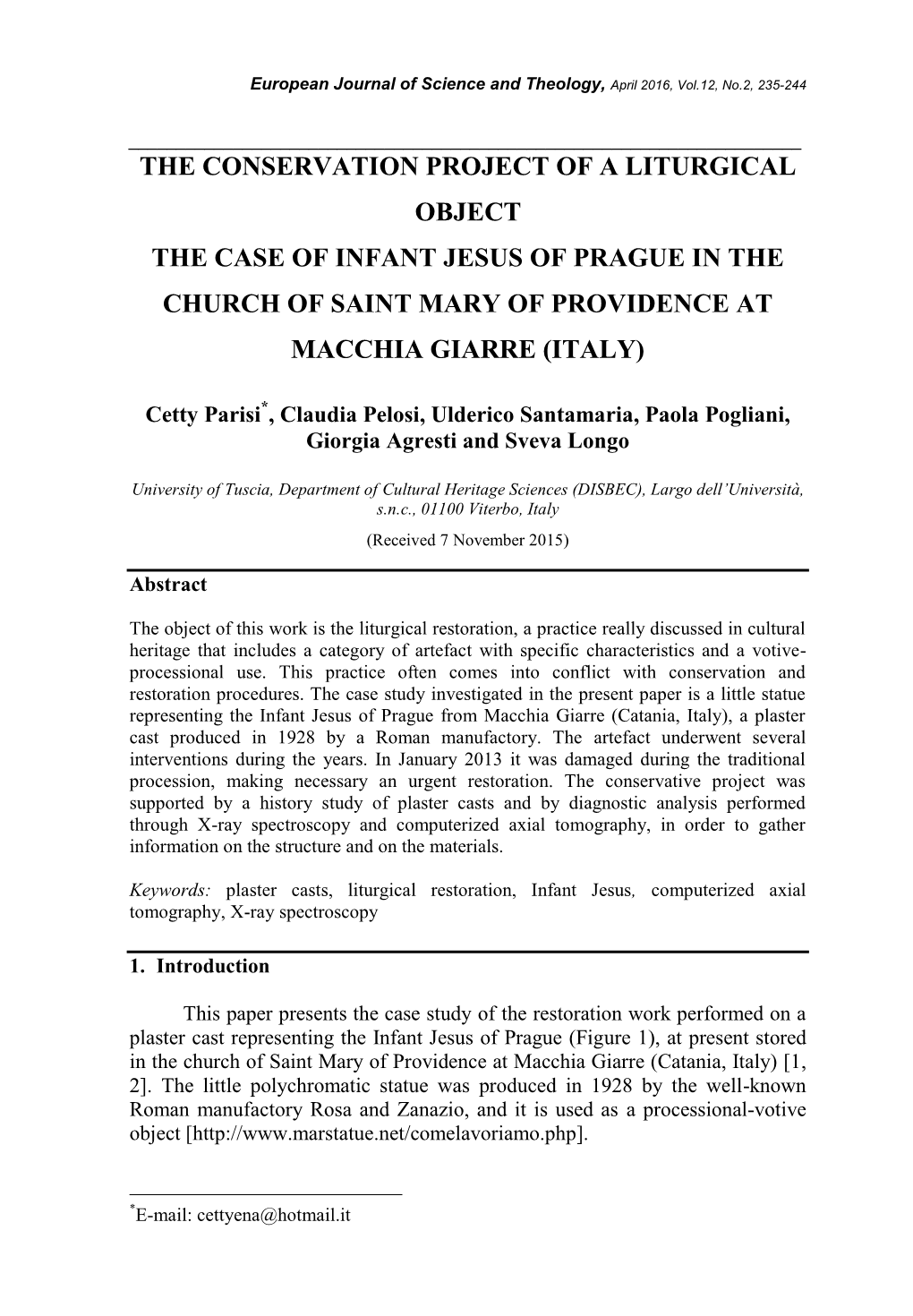 The Conservation Project of a Liturgical Object: the Case of Infant Jesus Of