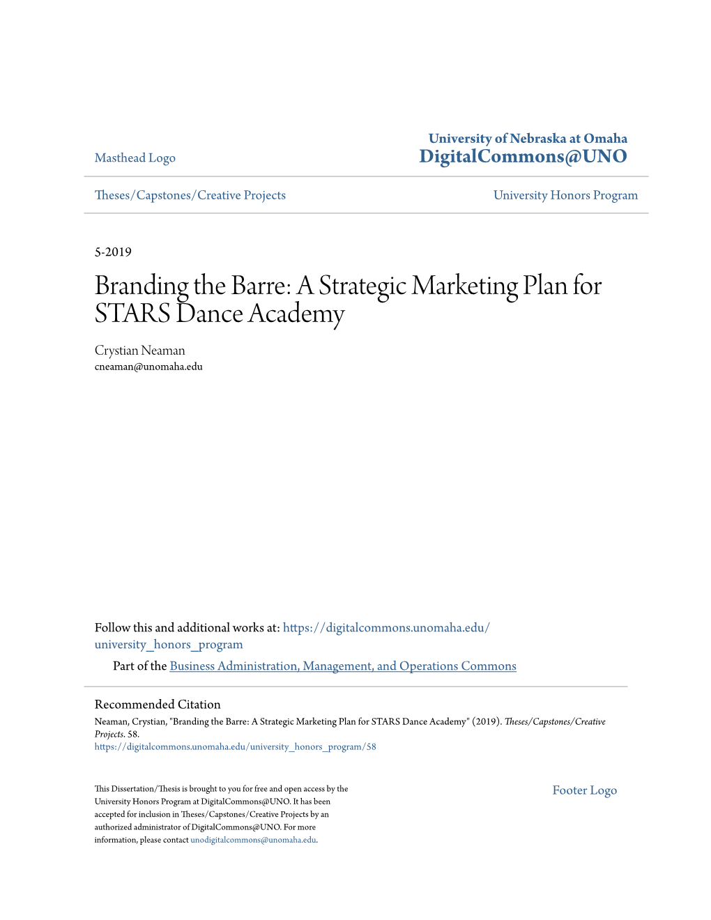 A Strategic Marketing Plan for STARS Dance Academy Crystian Neaman Cneaman@Unomaha.Edu