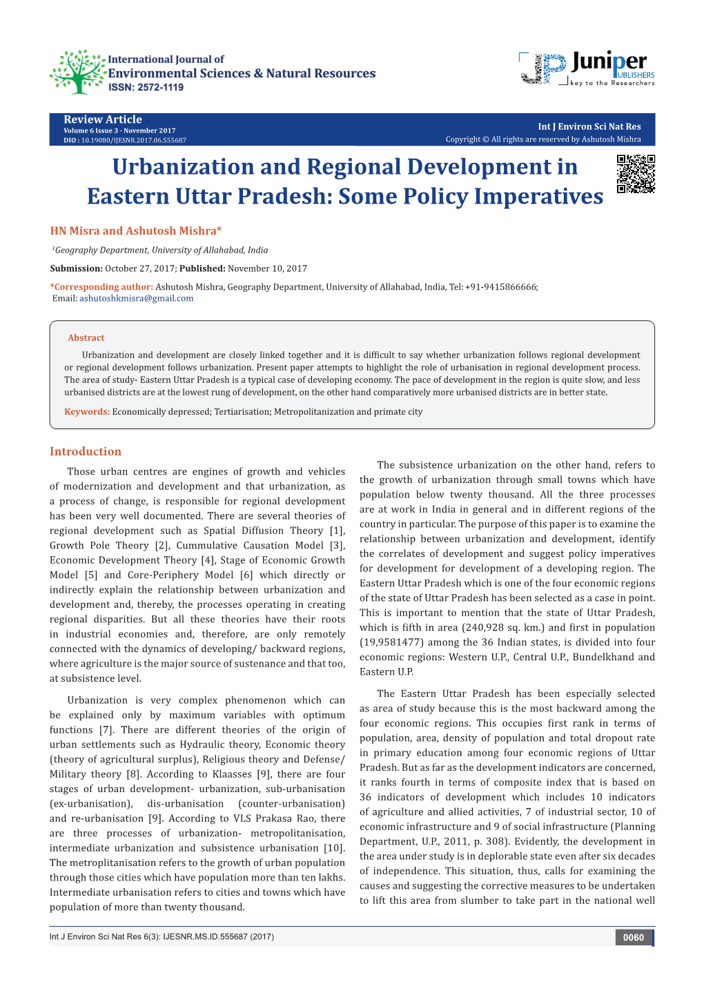 Urbanization and Regional Development in Eastern Uttar Pradesh: Some Policy Imperatives