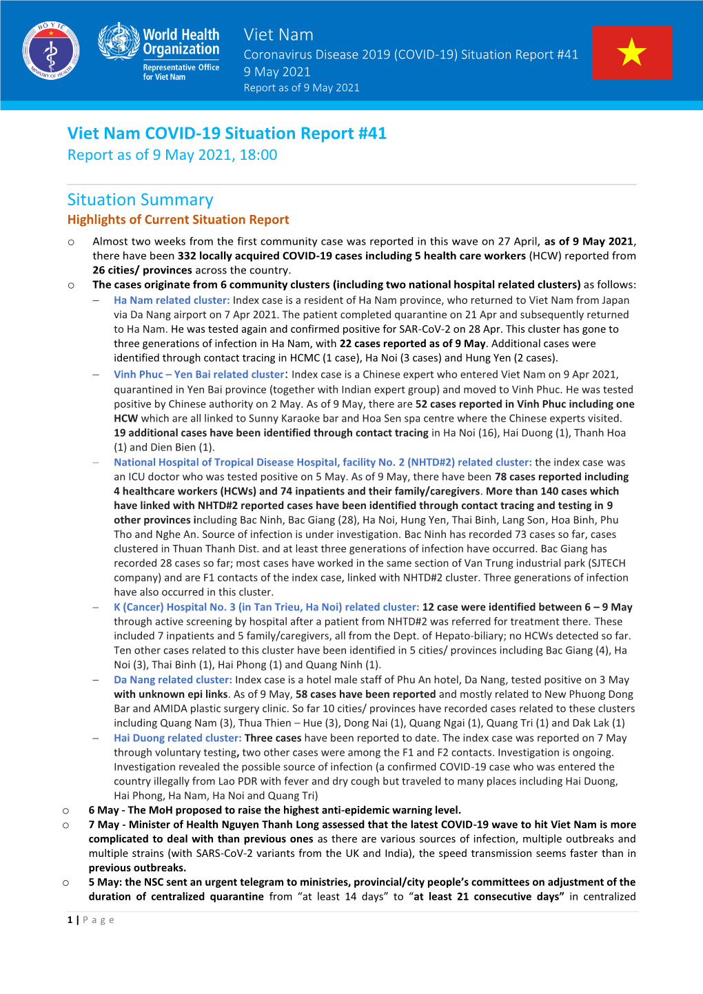 Viet Nam COVID-19 Situation Report #41 Report As of 9 May 2021, 18:00