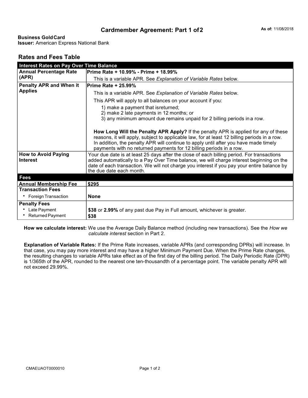 Cardmember Agreement: Part 1 of 2 Rates and Fees Table