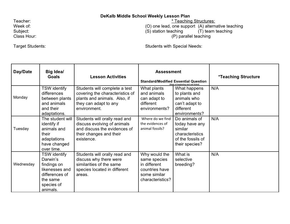 Dekalb Middle School Weekly Lesson Plan s2